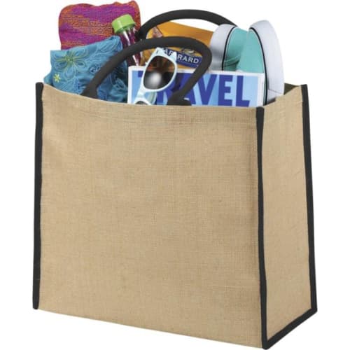 Coloured Edge Jute Tote Bags full of travel essentials from Total Merchandise