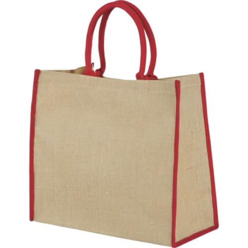 Promotional Coloured Edge Jute Tote Bags with a design from Total Merchandise - Natural/Red