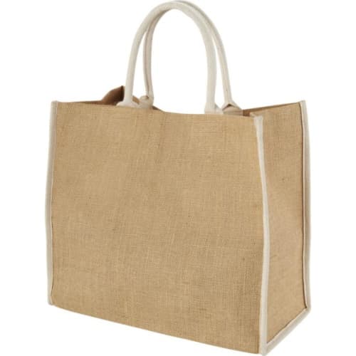 Branded Coloured Edge Jute Tote Bags with a printed design from Total Merchandise - Natural/White