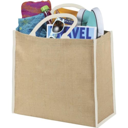 Custom Coloured Edge Jute Tote bags with a promotional printed design from Total Merchandise