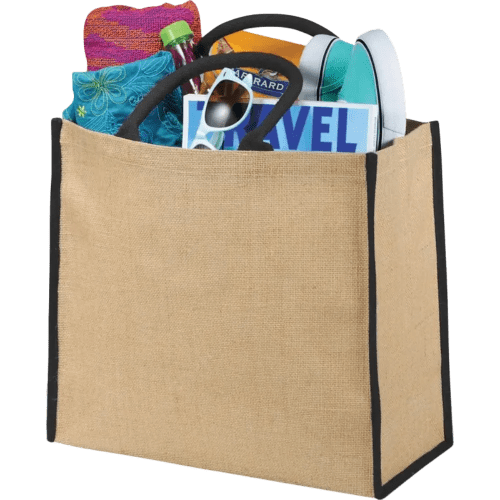 Coloured Edge Jute Tote Bags full of travel essentials from Total Merchandise