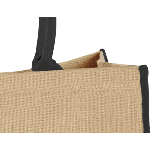 Close-up image of the Coloured Edge Jute Tote Bags with a design from Total Merchandise