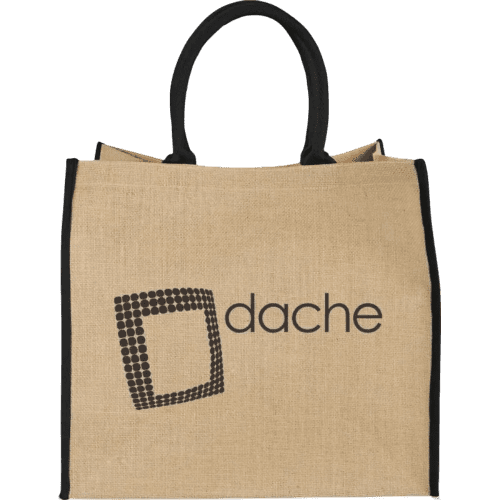 Custom branded Coloured Edge Jute Tote Bags with a promotional printed design from Total Merchandise