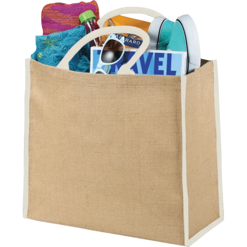 Custom Coloured Edge Jute Tote bags with a promotional printed design from Total Merchandise