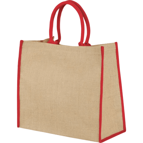 Promotional Coloured Edge Jute Tote Bags with a design from Total Merchandise - Natural/Red
