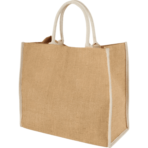 Branded Coloured Edge Jute Tote Bags with a printed design from Total Merchandise - Natural/White