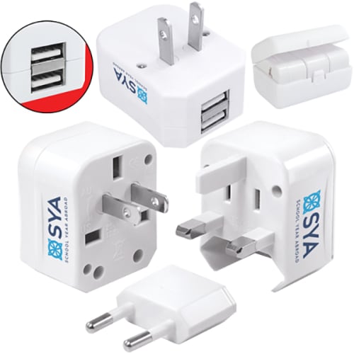 Logo-printed Worldwide Travel Adaptors are compatible with many international charging points.