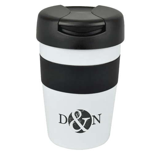 UK Printed Reusable Coffee Cups in White with Black Grip and Lid from Total Merchandise