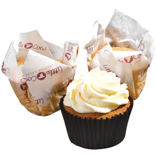 Promotional branded greaseproof paper in white from Total Merchandise used to line cup cakes