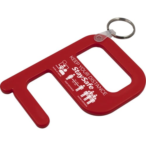 Printed Hygiene Key Plus in red from Total Merchandise with a company logo in the middle