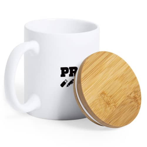 Custom Printed Ceramic Mug with Bamboo Lid from Total Merchandise