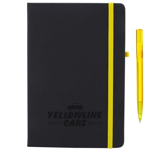 Branded Ebony Soft Feel Hardback Notebook in Black/Yellow with debossed logo by Total Merchandise