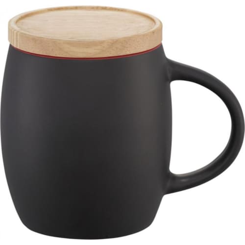 Logo branded Mug with Lid with a natural coloured wood lid from Total Merchandise