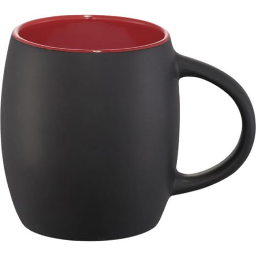 Custom branded mug that has a black outer and red inner from Total Merchandise