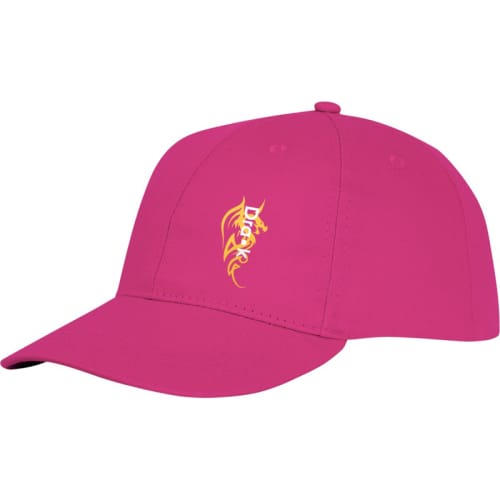 Promotional printed 6 Panel Cotton Cap in magenta with a branded company logo from Total Merchandise