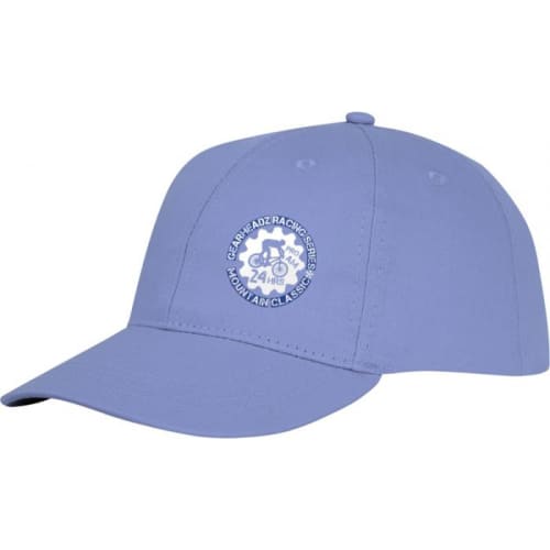 Branded Ares 6 Panel Cotton Cap in light blue with a company logo on 1 panel from Total Merchandise