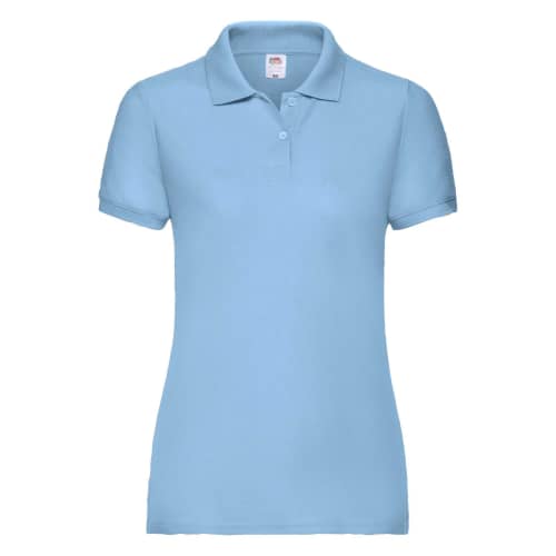 Promotional Fruit of the Loom Lady Fit Polo Shirts with Individual Names in Sky Blue