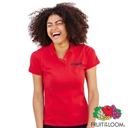 Custom Branded Fruit of the Loom Lady Fit Polo Shirts with Individual Names in Red