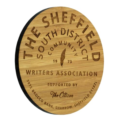 Branded Bamboo Round Coasters in a caramel colour with laser engraved design by Total Merchandise