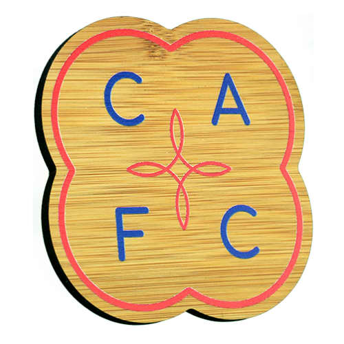 Bespoke shaped Bamboo Coasters in a caramel colour printed with full colour by Total Merchandise