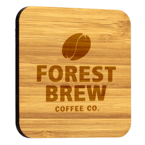 Branded Bamboo Square Coasters in a caramel colour with engraved design by Total Merchandise