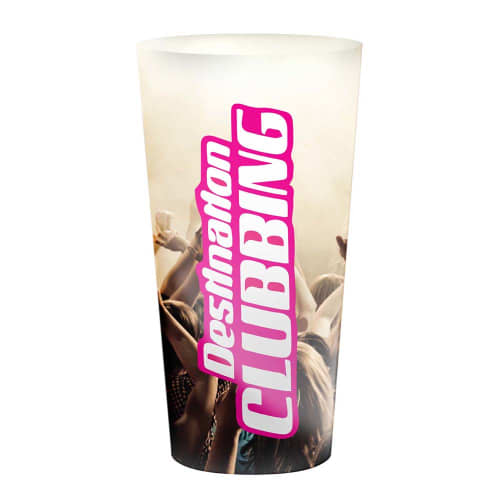 Full colour custom branded 500ml Plastic Festival Cups with a logo printed all over