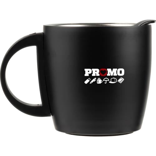 Promotional Stainless Steel Insulated Mug with Lid in black with branding by Total Merchandise