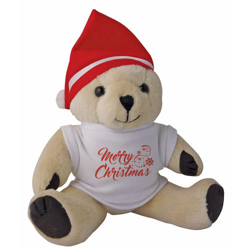 Promotional 10 Inch Honey Jointed Teddy Bear with Christmas Hat and T-Shirt by Total Merchandise