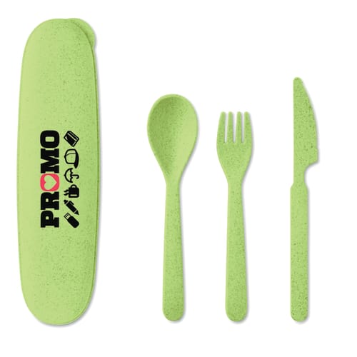 Promotional 3 Piece Travel Cutlery Set in Lime Colour with Branding by Total Merchandise