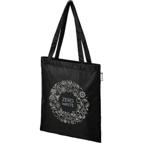 Custom branded rPET Tote Bags in black colour with printed logo by Total Merchandise