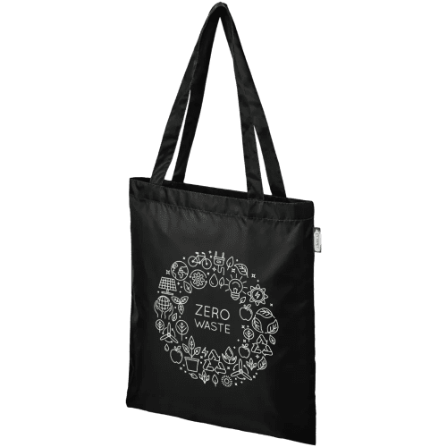 Custom branded rPET Tote Bags in black colour with printed logo by Total Merchandise