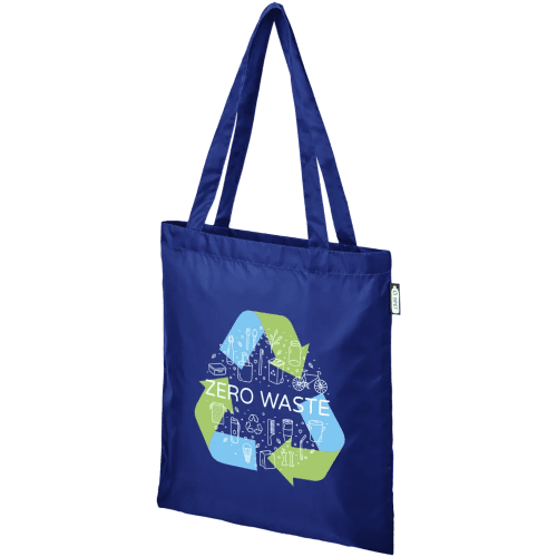 Custom printed rPET Tote Bags in royal blue colour with branding by Total Merchandise