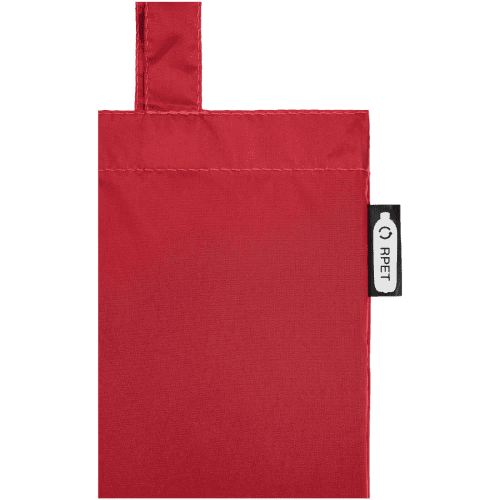 Label on rPET Tote Bags in red colour by Total Merchandise