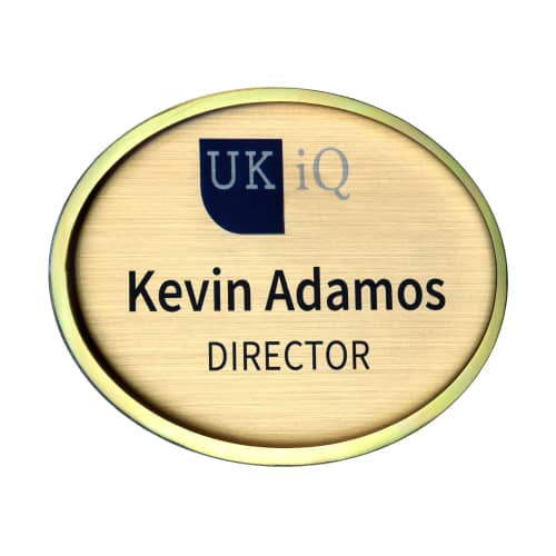 Personalised Excel Staff Name Badges in oval shape & gold grain printed by Total Merchandise