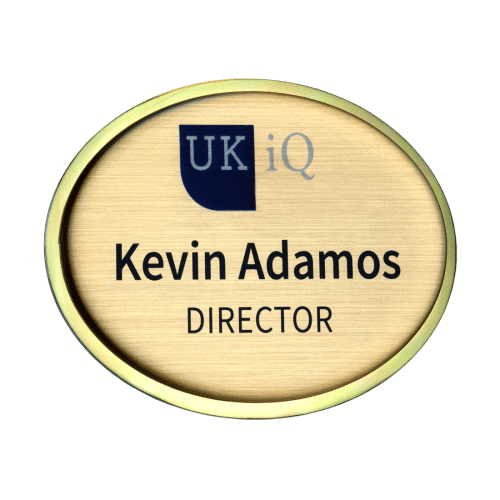 Personalised Excel Staff Name Badges in oval shape & gold grain printed by Total Merchandise