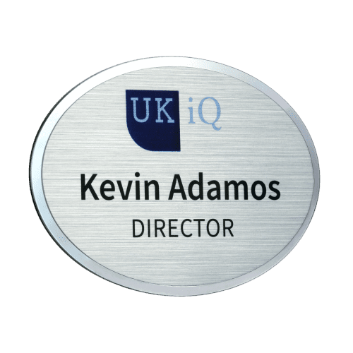 Branded Excel Staff Name Badge in silver/white oval shape with your logo by Total Merchandise