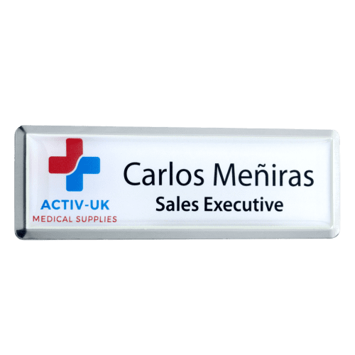 Branded Excel Staff Name Badges in rectangle shape and silver/white colour by Total Merchandise