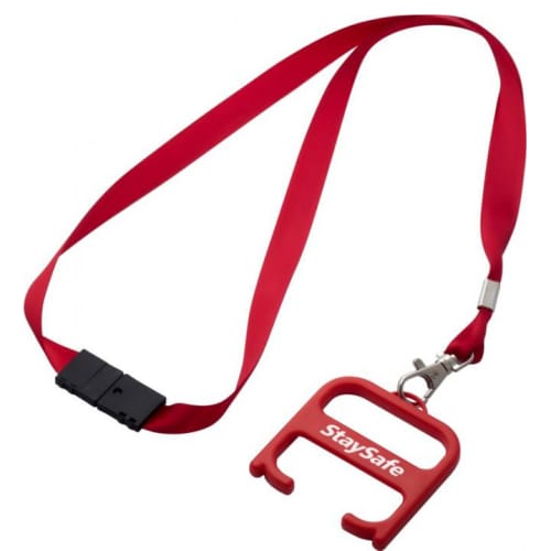 Branded Contactless Hygiene Tool with Lanyard in red colour with printed logo by Total Merchandise