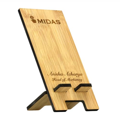 Branded Moso Bamboo Phone Stands with straight sides engraved with your design by Total Merchandise
