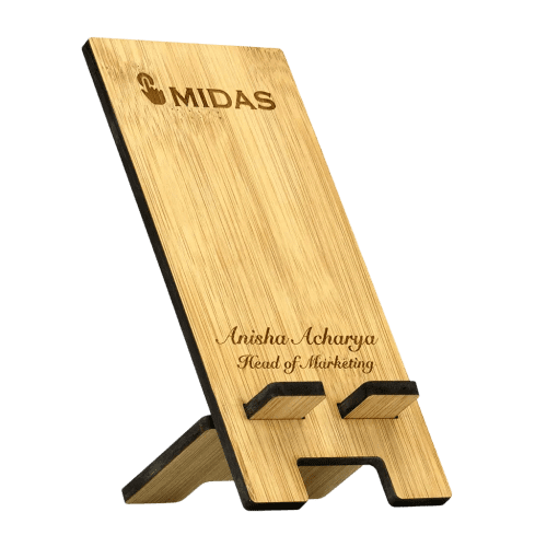 Branded Moso Bamboo Phone Stands with straight sides engraved with your design by Total Merchandise