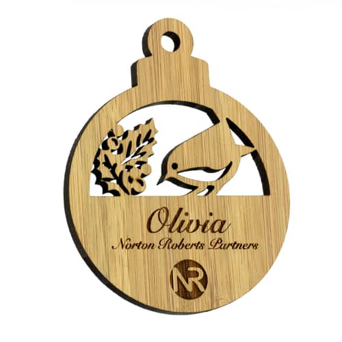 Printed Moso Bamboo Christmas Baubles with Robin design with your logo by Total Merchandise