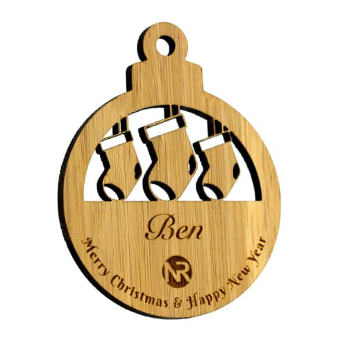 Custom Branded Moso Bamboo Christmas Baubles with Stocking design by Total Merchandise