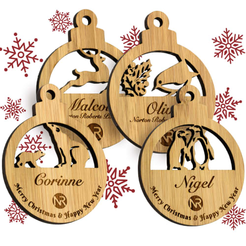 Promotional Moso Bamboo Christmas Bauble Sets with 4 designs printed with logo by Total Merchandise