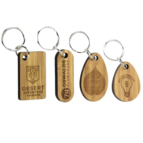 Branded Moso Bamboo Phone Stand, Coaster & Keyring Sets with engraved keyrings by Total Merchandise