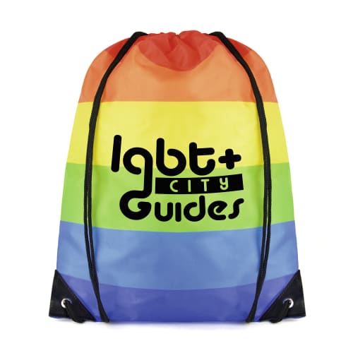 Branded Rainbow Drawstring Bags printed with a logo on one side by Total Merchandise