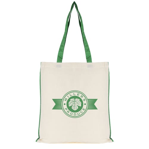 Promotional 5oz Colour Trim Cotton Tote Bags in Natural/Green printed with logo by Total Merchandise