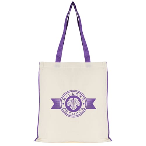 Branded 5oz Colour Trim Cotton Tote Bags in Natural/Purple printed with logo by Total Merchandise