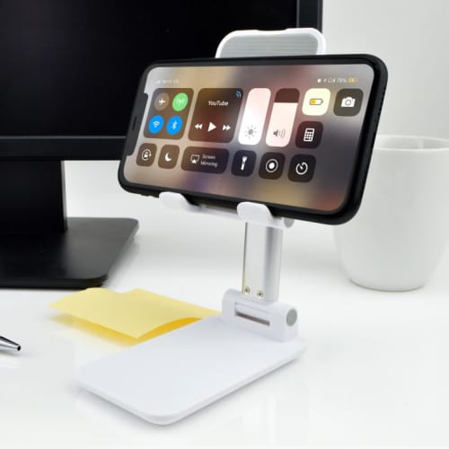 Adjustable Foldable Tablet & Phone Stand holding a phone printed with your logo by Total Merchandise