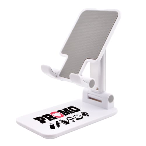 Promotional Adjustable Foldable Tablet & Phone Stand in White colour with logo by Total Merchandise
