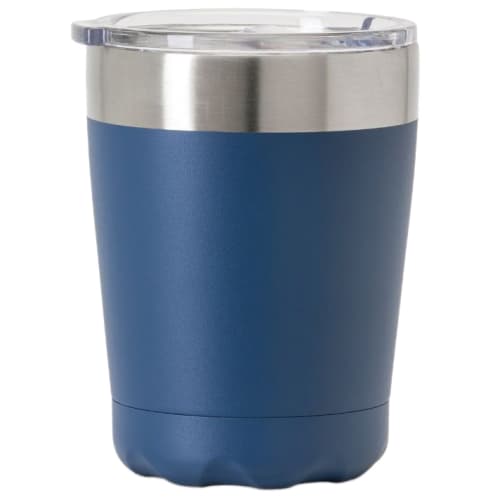 Custom branded insulated coffee cups in dark blue with spill-proof lid from Total Merchandise